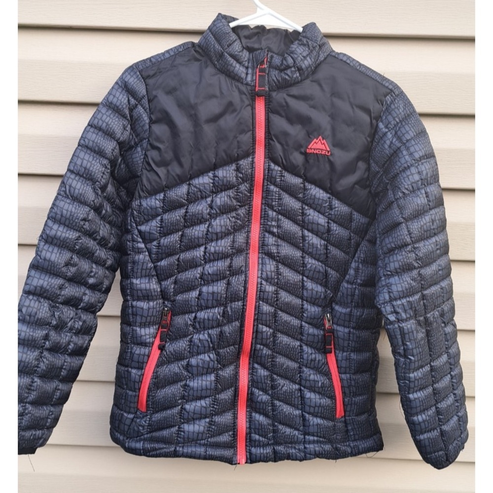 Snozu Boys Puffer Jacket Size L 14-16 Gray Black Full Zip Winter Coat Outerwear